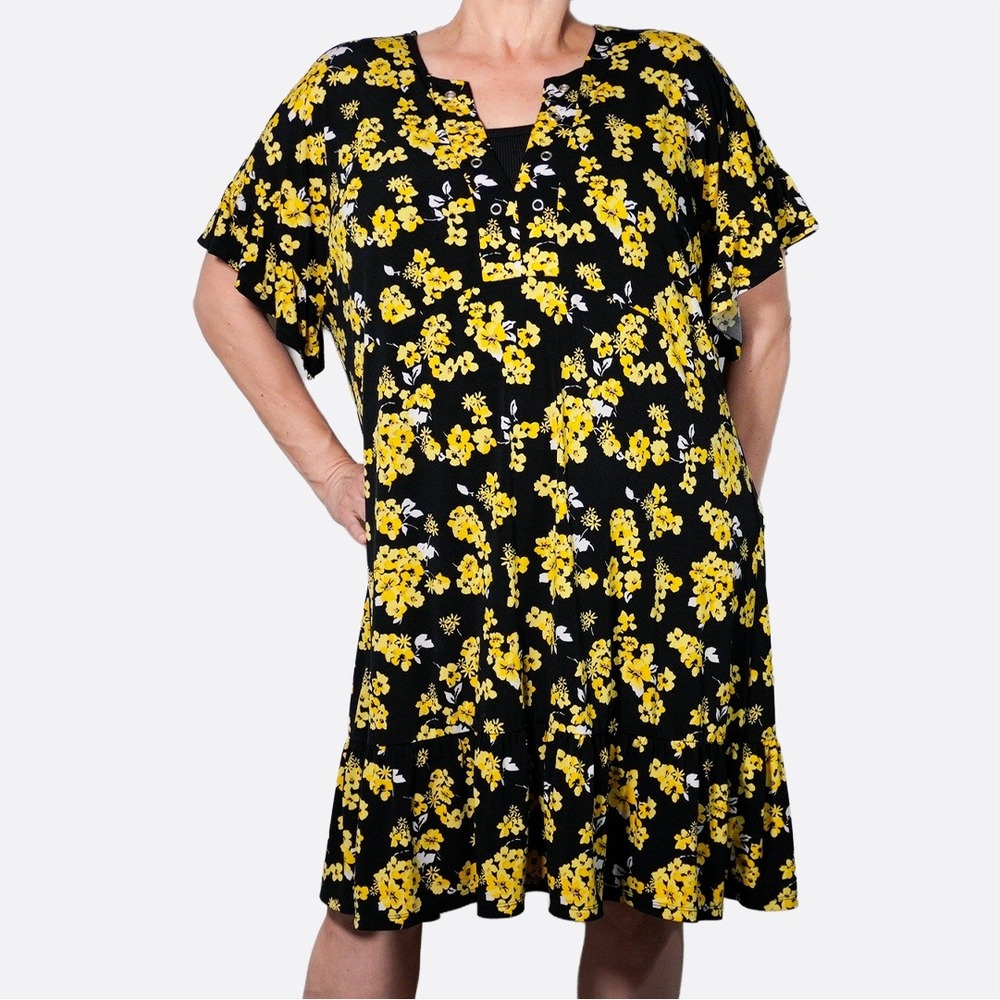 Michael Kors Jasmine Yellow Floral Ruffle Hem Dress 2X Plus Size